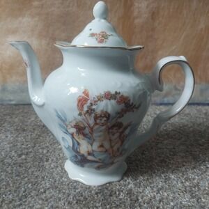Trisa Porcelain Cherub Teapot White Gold Trim Renaissance Angel Floral Tea Pot